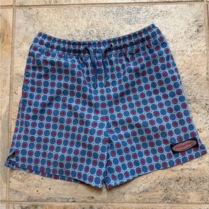 Vineyard Vines Blue Swim Trunks with Red & White Geometric Print